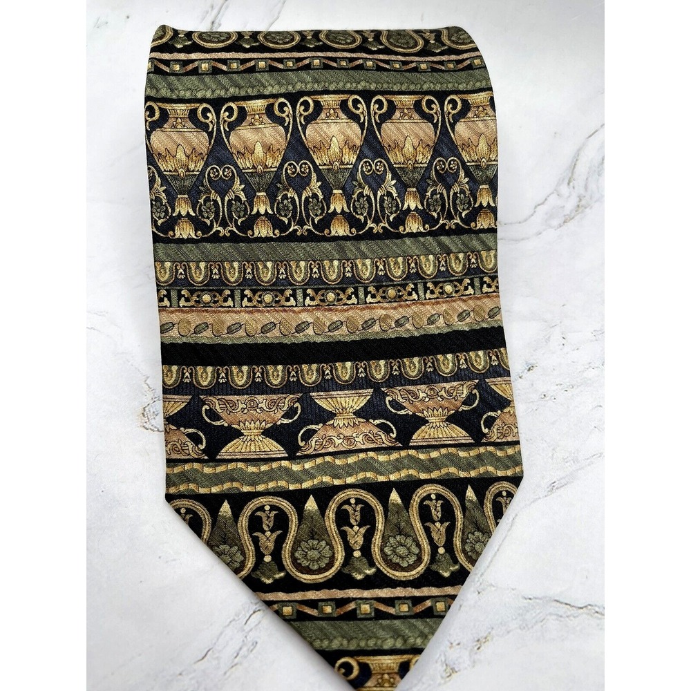 Tesoro Rosso Black, Green & Tan 100% Silk Neck Tie with Urns